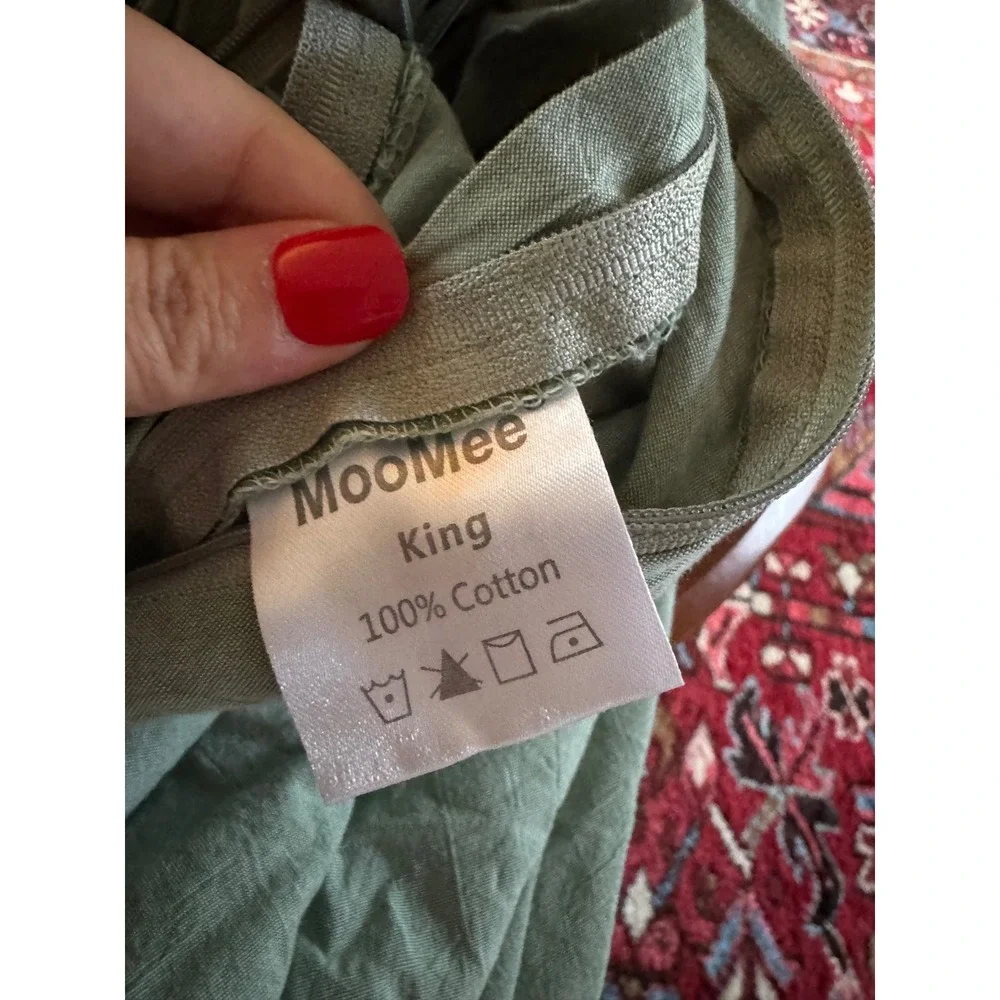 MooMee King Duvet Cover Heathered Green 100% Washed Cotton Linen Like Textured